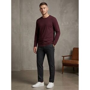 Theory Mens Long Sleeve Crewneck T-Shirt Burgundy Maroon Size L Made in Peru